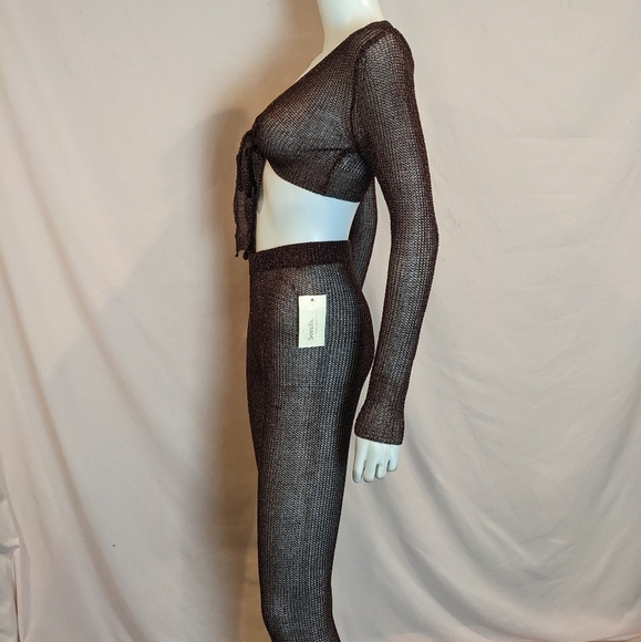 Sorelle UK Red Metallic Matching Crop Top and Flare Pants Knit Chainmail Set XS - Picture 3 of 9